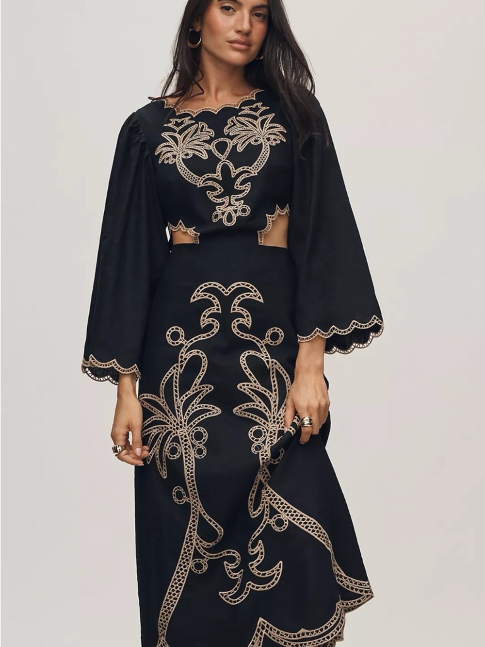 FARM Rio x Anthropologie Black Cutout Embroidered Palm Midi Dress Size Small NWT - Picture 13 of 13